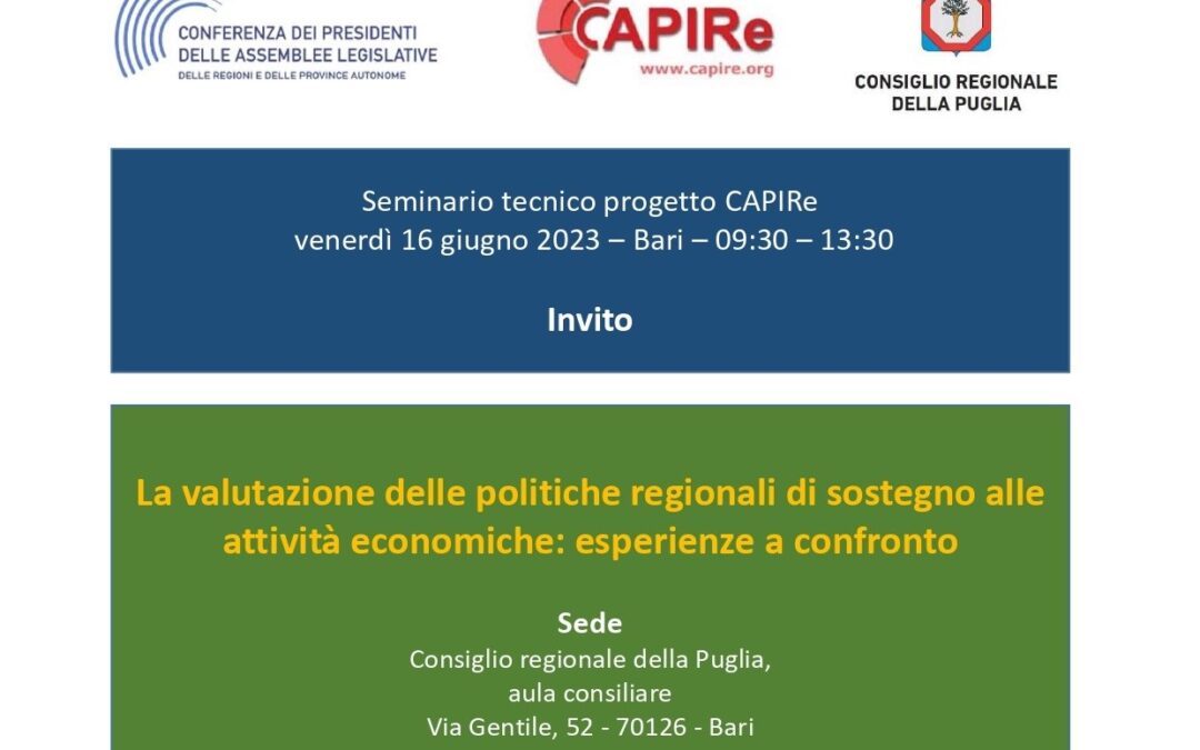 Venerdì 16 giugno appuntamento a Bari per il seminario CAPIRe sulla valutazione delle politiche regionali di sostegno alle attività economiche