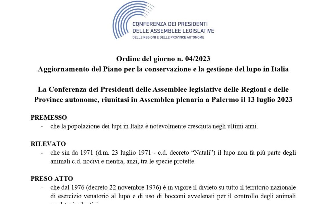 I Presidenti delle Assemblee legislative approvano l’ODG sull’aggiornamento del Piano per la conservazione e la gestione del lupo in Italia