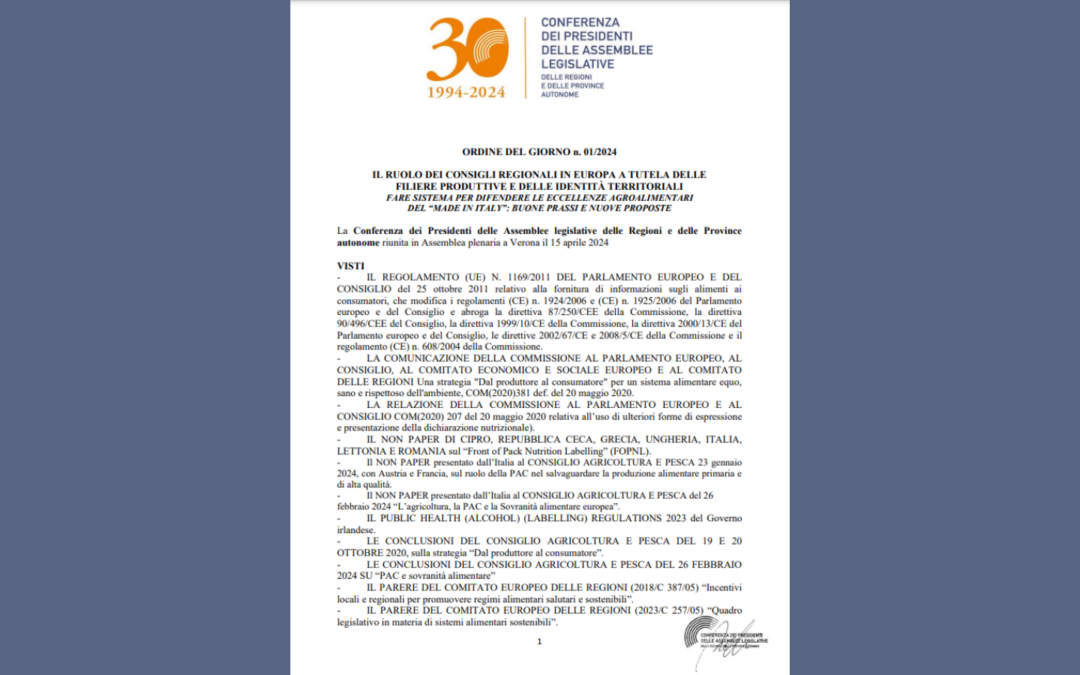 I Presidenti, riuniti in Assemblea plenaria al “Vinitaly”, hanno approvato l’ordine del giorno “Il ruolo dei Consigli regionali in Europa a tutela delle filiere produttive e delle identità territoriali: fare sistema per difendere le eccellenze agroalimentari del ‘made in Italy’: buone prassi e nuove proposte”